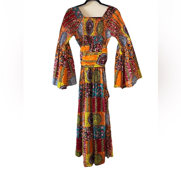 VTG African Star Bohemian Maxi Dress Off The Shoulder Oversized Flared Sleeve OS - Picture 14 of 15